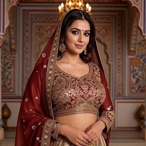Photograph of a beautiful South Asian woman in a maroon and gold embroidered traditional lehenga and dupatta, standing in an ornately decorated room with