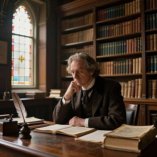 Photograph of an older man with gray hair, wearing a black suit, sitting at a wooden desk in a dimly lit library, surrounded by book