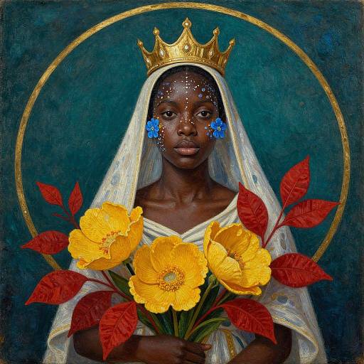 Digital painting of a dark-skinned African queen with a golden crown, white veil, blue flower earrings, holding vibrant yellow flowers with red leaves, against