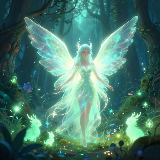 Digital fantasy artwork of a glowing, ethereal fairy with luminous wings, standing in a mystical forest surrounded by glowing fireflies and bioluminescent