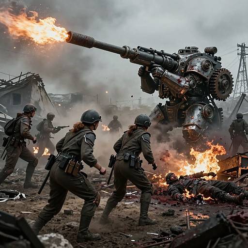 Photograph of World War II soldiers in combat gear, firing a large tank cannon at a burning, rubble-filled battlefield with smoke.