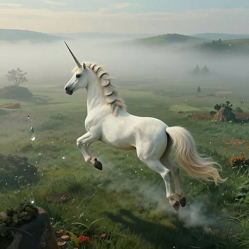 Photorealistic digital art of a white unicorn with a silver mane and tail, leaping in a misty, lush green meadow with rolling hills