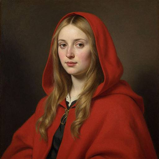 Baroque-style painting of a young, fair-skinned woman with long, wavy blonde hair, wearing a red hooded cloak, set against a