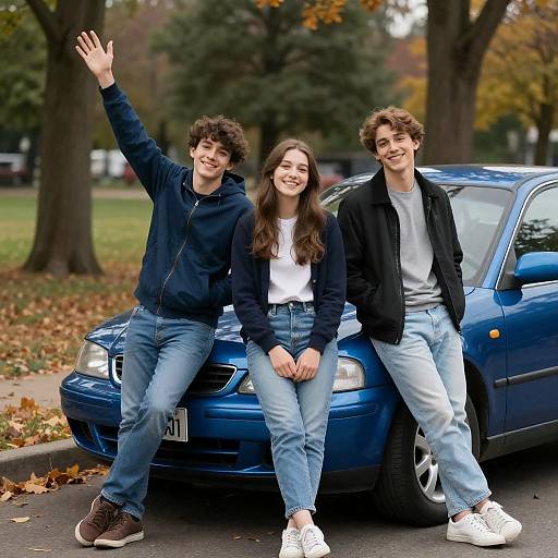 Young Friends Celebrating by a Blue Car