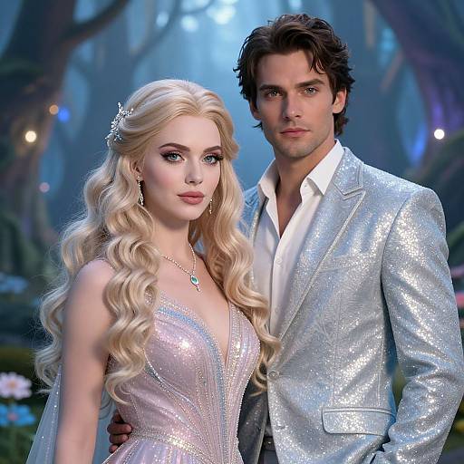 Photorealistic CGI of a handsome couple in a magical forest; the blonde woman with wavy hair and sparkling pink dress, the dark-haired man in