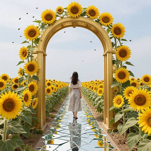 Woman in white dress walks through sunflower archway, surrounded by vibrant sunflowers, on a reflective tile path under a bright blue sky.