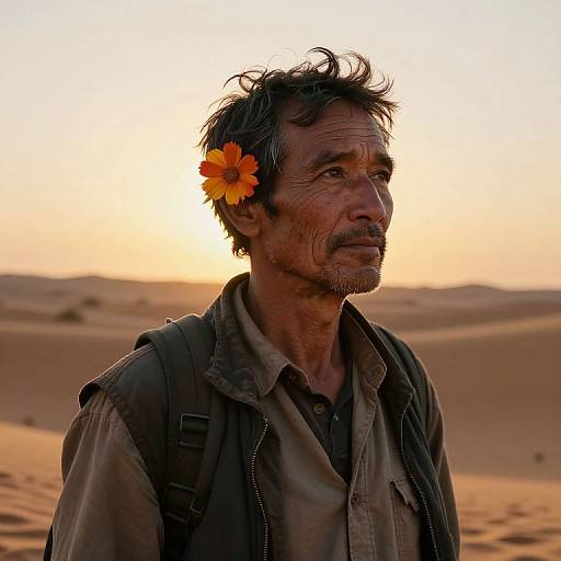 Photograph of a rugged middle-aged man with short, messy hair and a yellow flower in his hair, wearing a worn jacket, standing in a desert