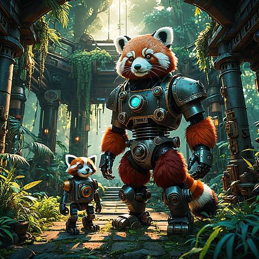 Steampunk Red Panda Robots in Jungle Temple