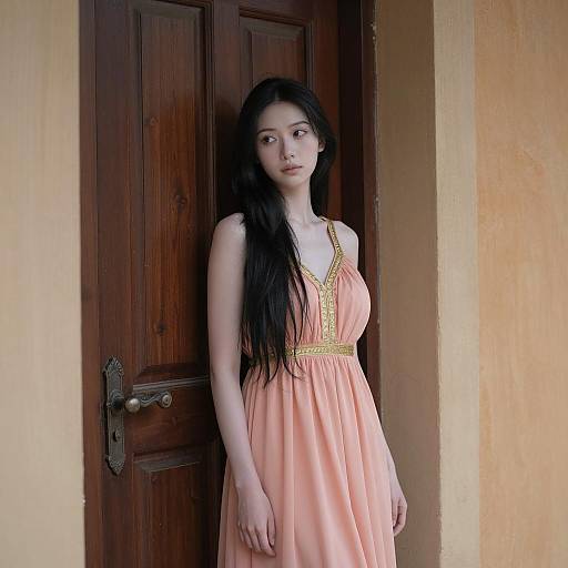 Elegant Woman in Peach Dress at Doorway