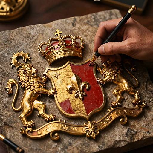 Photograph of a skilled hand engraving a detailed, gold royal coat of arms with a red shield, lion, and crown on a textured stone surface