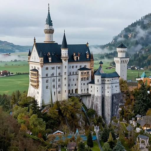 Photograph of a grand, white medieval castle with black roofs and tall towers, nestled in a lush, misty mountain landscape.