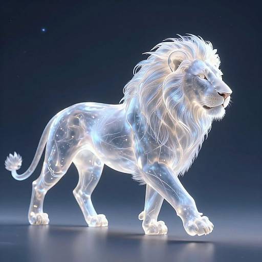 Digital CGI of a glowing, ethereal white lion with a luminous mane, walking against a dark, starry background. The lion's translucent,
