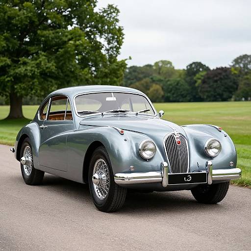 Photograph of a sleek, silver vintage car with chrome accents and wire-spoke wheels, parked on a paved road in a lush, green park with