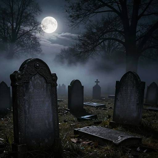 Photograph of a moonlit, foggy cemetery with gravestones and crosses, surrounded by dark, barren trees under a bright, full moon.
