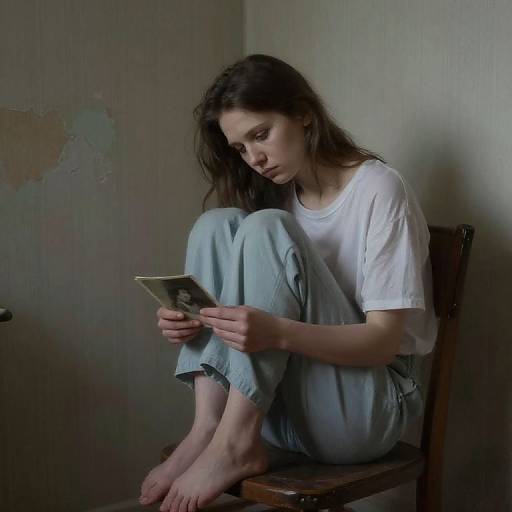 Photograph of a young woman with long brown hair, wearing a white t-shirt and light blue jeans, sitting barefoot on a wooden chair, int