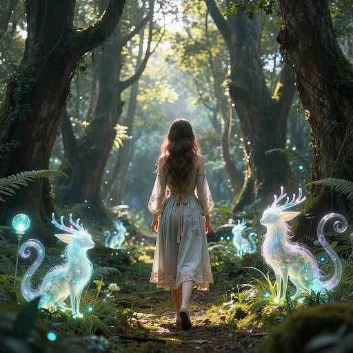 Photograph of a young girl with long brown hair in a white dress, walking through a magical forest with glowing, ethereal deer. Sunlight filters