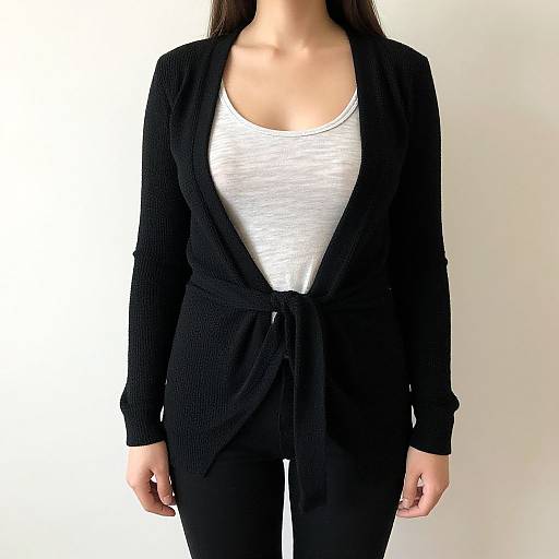 Photograph of a woman in a black cardigan, white tank top, and black pants, standing against a plain white background.