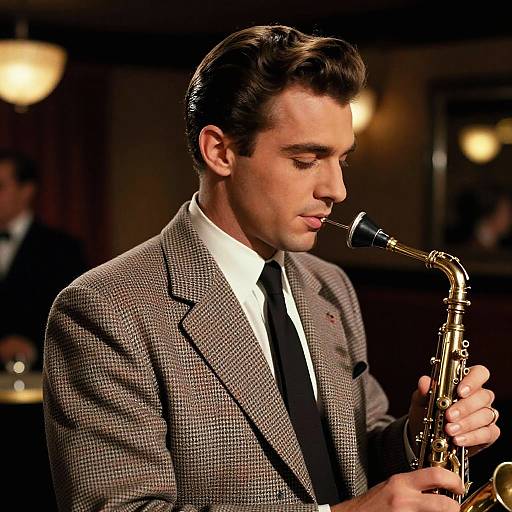 Photograph of a young Caucasian man with dark hair, wearing a brown houndstooth suit, white shirt, and black tie, playing a silver