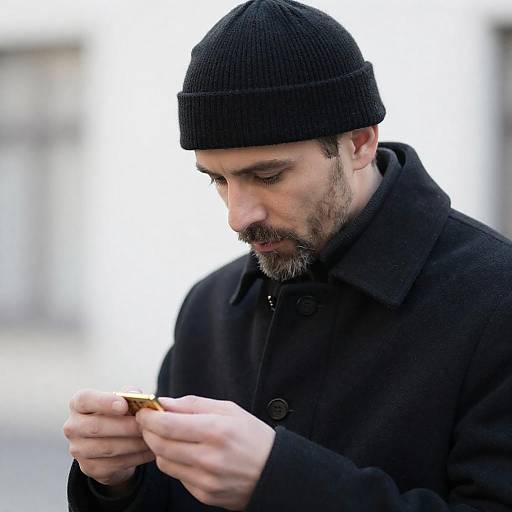 Focused Man Holding Small Gold Object