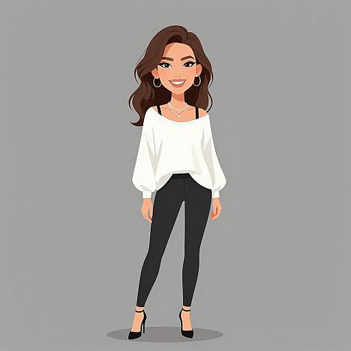 Digital illustration of a smiling woman with long brown hair, wearing a white off-shoulder top, black pants, and black heels, against a gray