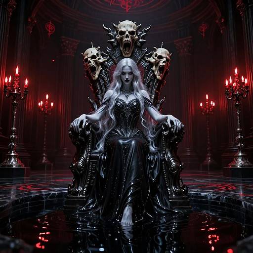 Digital art: Pale-haired woman with long white hair, black gown, seated on a dark, ornate throne with three skulled heads, surrounded by