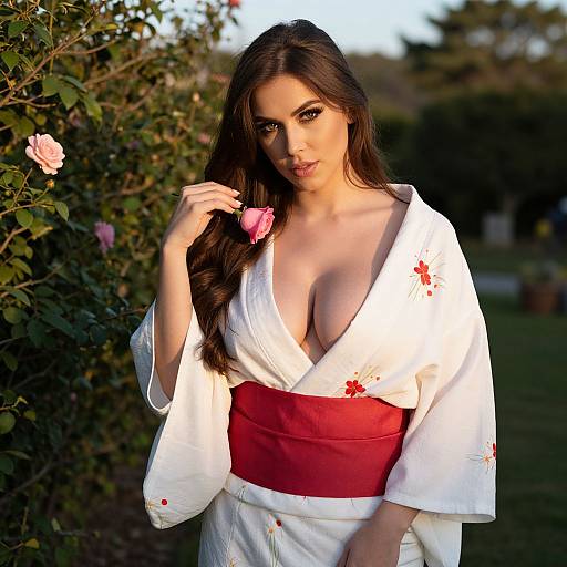 Photograph of a beautiful woman with long brown hair, wearing a white kimono with red sash and floral patterns, holding a pink rose, standing