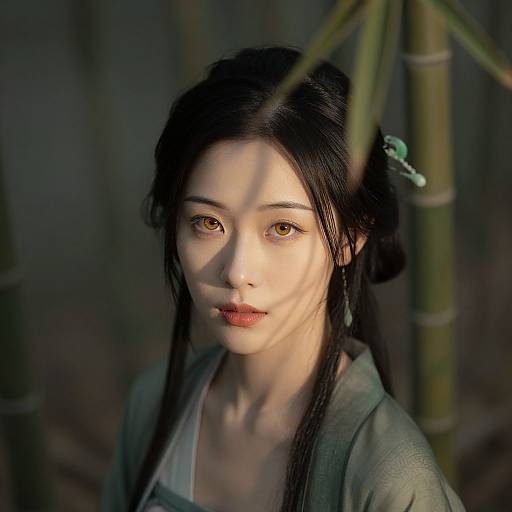 Photograph of an East Asian woman with pale skin, black hair in braids, green eyes, and red lips, standing in a bamboo forest with