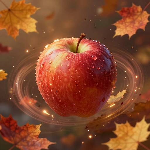 Photograph of a glossy red apple with water droplets, glowing and surrounded by autumn leaves, set against a blurred, warm-toned background.