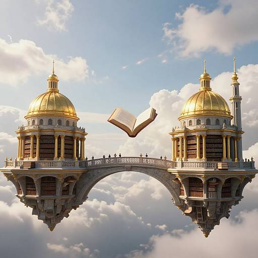 Fantasy illustration: Two floating golden-domed libraries connected by an arched bridge, with an open book floating between them against a cloudy sky.