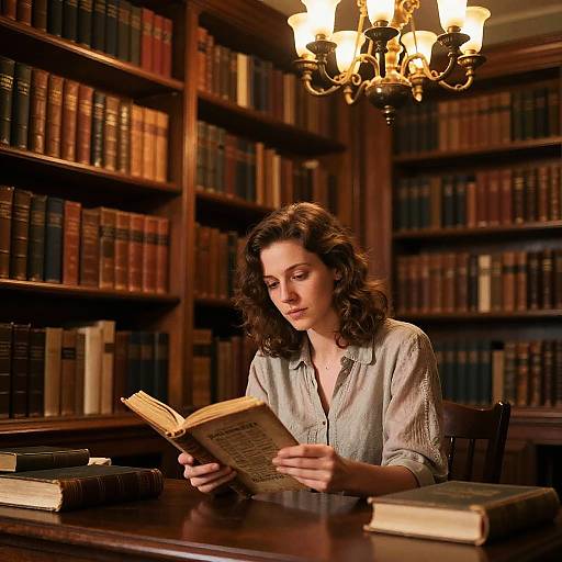 Photograph of a brunette woman with wavy hair, wearing a light blue blouse, reading a book in a dimly lit, wooden library with book