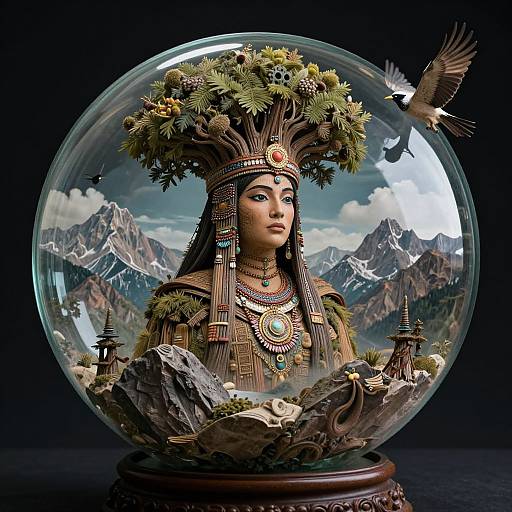 Digital art of a regal, dark-skinned woman with intricate headdress and jewelry, inside a snow-capped mountain scene snow globe, with a