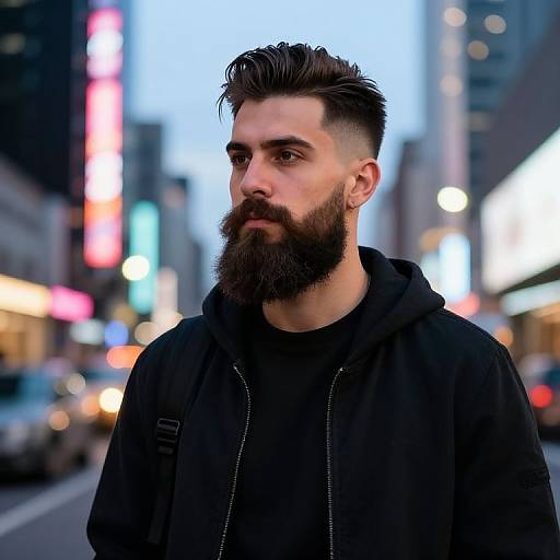 Photograph of a bearded, dark-haired man in a black hoodie standing on a bustling city street at twilight, with colorful neon lights in the blurred