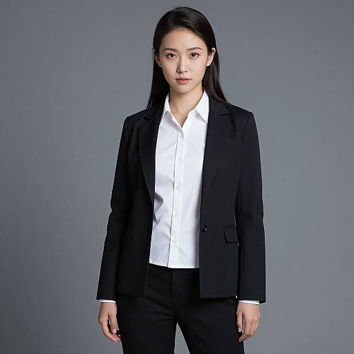 Photograph of an Asian woman with long black hair, wearing a black blazer over a white button-up shirt, standing against a gray background, looking