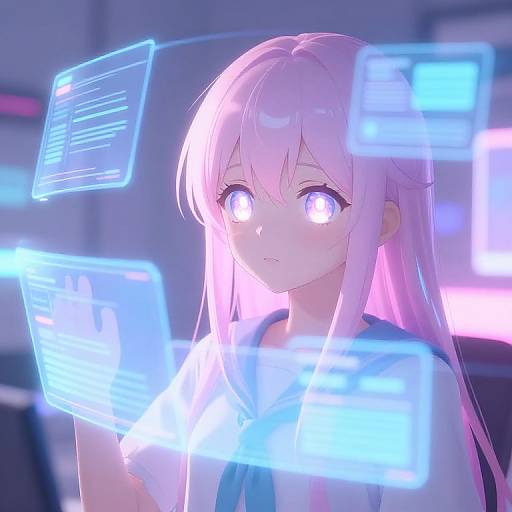 Digital anime-style drawing of a pink-haired girl with glowing blue eyes, surrounded by floating blue holographic screens in a futuristic setting.