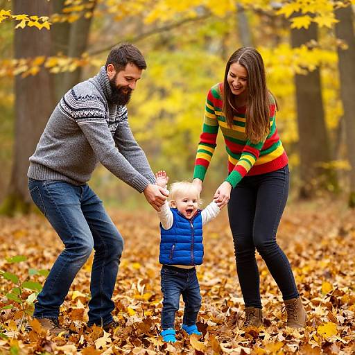 Photograph of bearded father in gray sweater, smiling mother in striped sweater, and laughing toddler in blue vest, playing in autumn leaves.