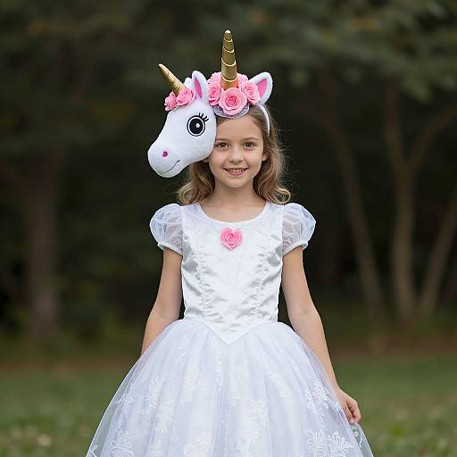 Young girl in a white, short-sleeved, tulle dress with a unicorn headband and pink rose headpiece, smiling in a forest.