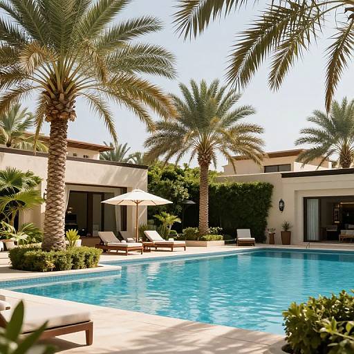 Photograph of a luxurious desert villa pool area with clear blue water, tall palm trees, white umbrellas, and beige sun loungers.