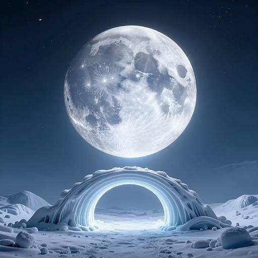 Photorealistic digital artwork of a glowing, ice arch beneath a luminous, detailed full moon in a starry, snowy night sky.