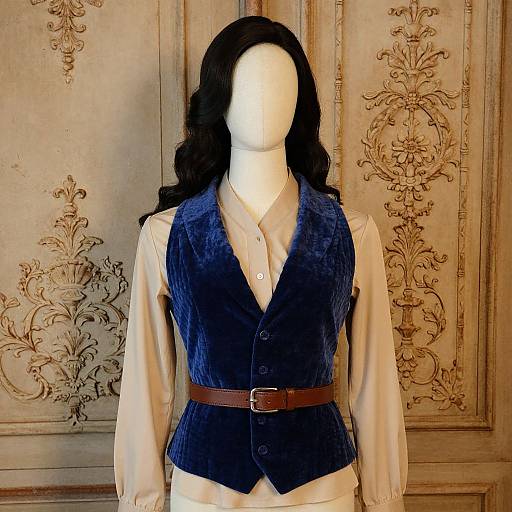 Photograph of a faceless mannequin in a blue velvet vest, cream blouse, and brown belt, set against an ornate, cream-colored