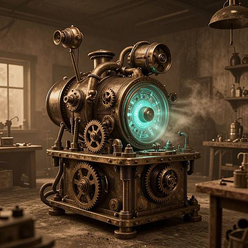 Steampunk-style, glowing, industrial machine with gears and pipes in a dimly lit, rustic workshop, emitting bright blue light and steam. Phot