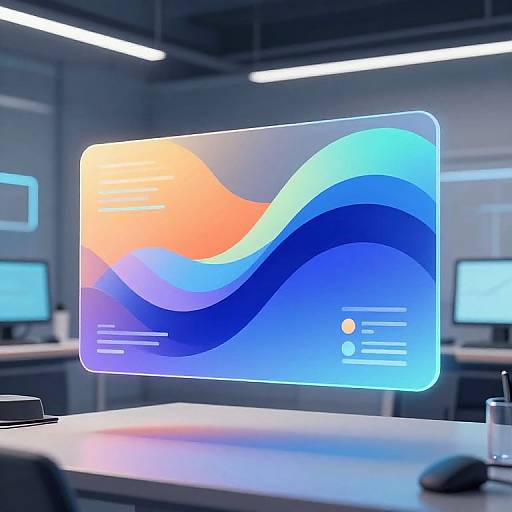 Digital artwork of a glowing, wavy, multicolored screen in a futuristic, dimly lit office with multiple computer monitors.