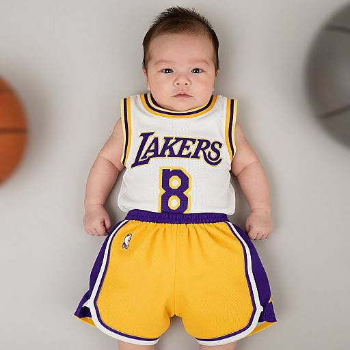 Photograph of a baby wearing a Los Angeles Lakers basketball jersey and shorts, with a basketball in the blurred background.