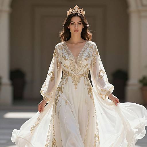 Elegant Model in Gold-Embroidered Dress