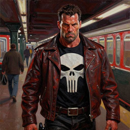 Digital art of a muscular, intense-looking man in a black skull shirt and red leather jacket, standing in a dimly lit subway station with red train