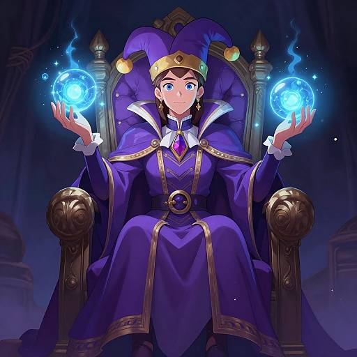 Digital anime-style drawing of a blue-eyed woman with jester hat, purple regal robe, holding glowing blue magical orbs on ornate throne.