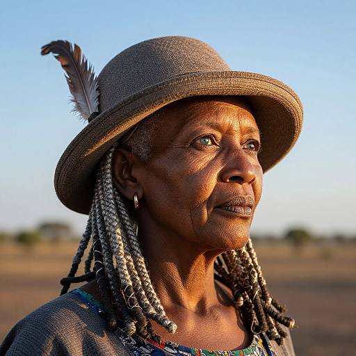 Photograph of a dark-skinned elderly woman with braided hair, wearing a brown hat with a feather, hoop earrings, and traditional dress, set