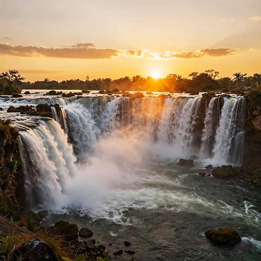 Golden Sunset Over Cascading Waterfall