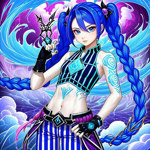 Illustration of Arcane jinx, league of legends in the style of Asyura kumo