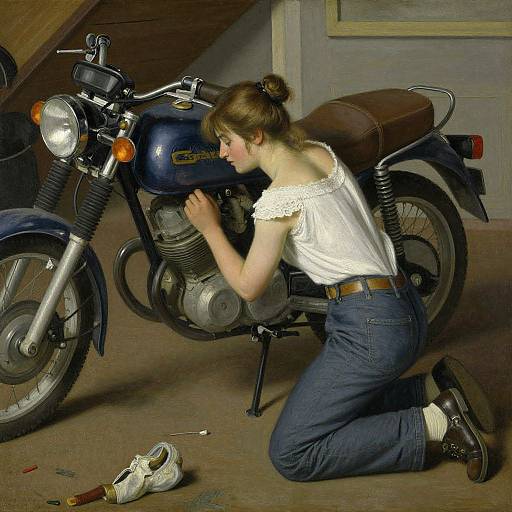 Photograph of a young woman with brown hair in a bun, wearing a white off-shoulder top and blue jeans, kneeling beside a blue vintage