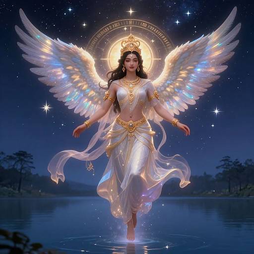 Celestial Being with Radiant Wings Above Lake